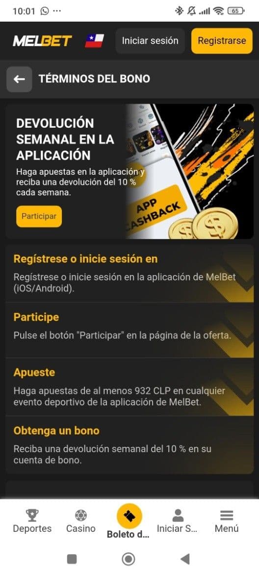 Devolución semanal en la app móvil de Melbet.jpg