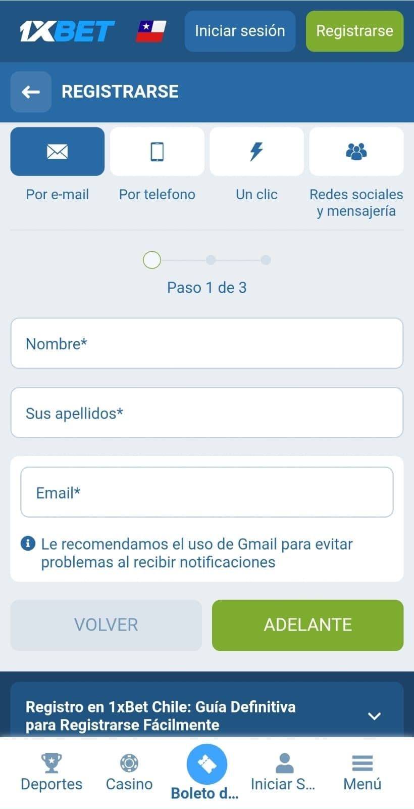 Guía de registro de 1xbet